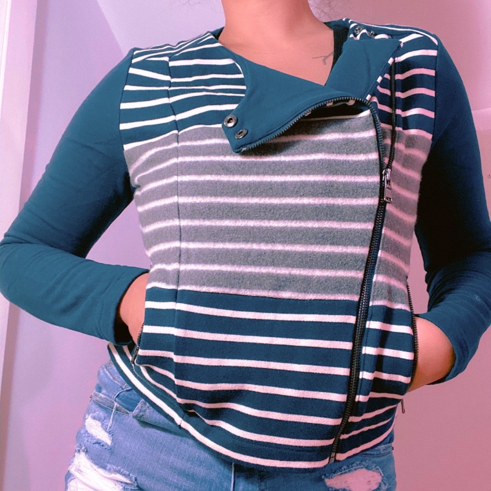 lou and grey striped moto jacket (S) blue/gray